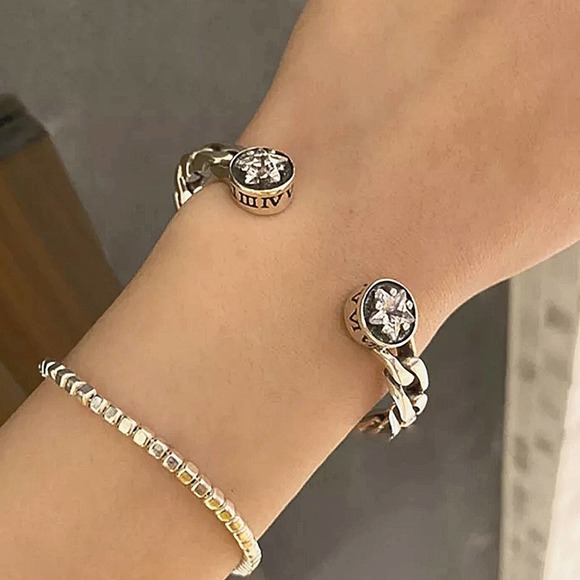 Vintage Sterling Silver Star Zircon Bangle Cuff Chain Link Design Bracelet - Picture 1 of 11